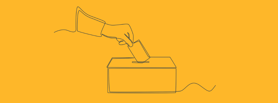 Dark blue line drawing on a hand dropping a vote into a ballot box. Against a yellow background