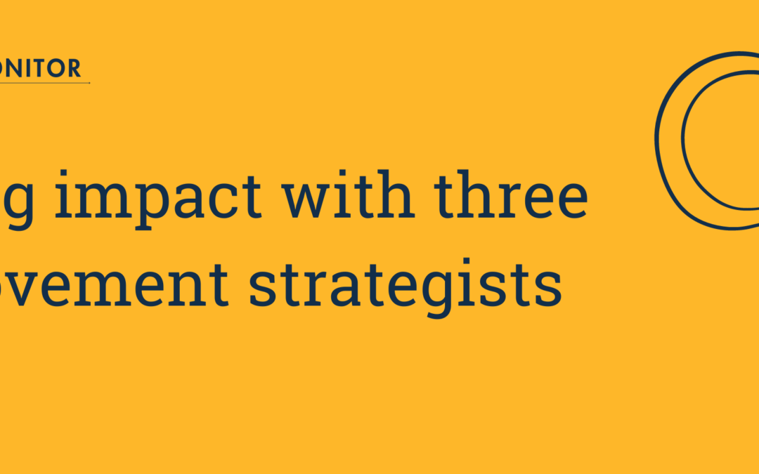 Orange background with dark blue text reading "Measuring impact with three social movement strategists" a graphic of a hand holding a magnifying glass sits to the right of the text.