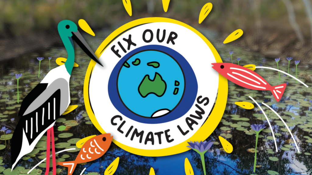 cartoon of planet earth surrounded by the text "Fix our Climate Laws". Cartoons of birds and fish surround the image.