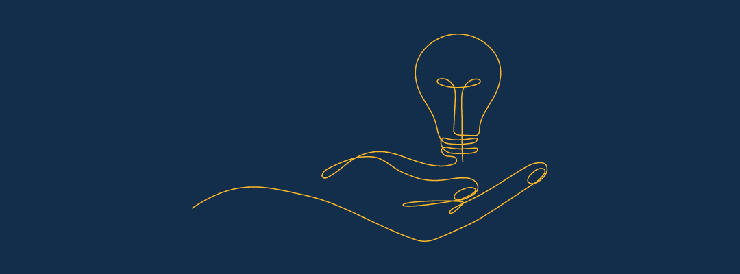 Yellow line drawing of a hand holding a light bulb over a dark blue background.