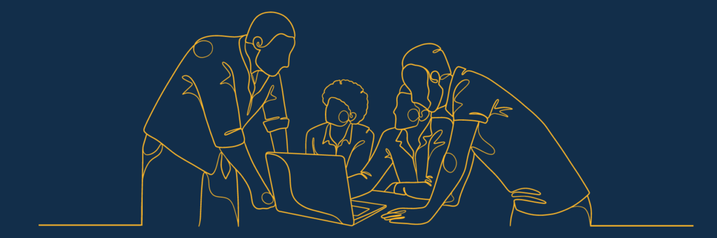Yellow line drawing of four people gathered around a laptop. Against a dark blue background.
